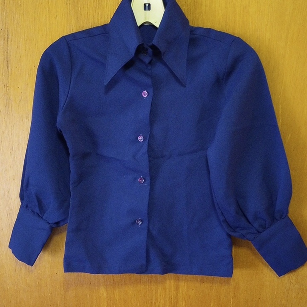 Sears Growing Girl Size 8 Navy Blue Polyester Blouse w/ Long Sleeves & Collar